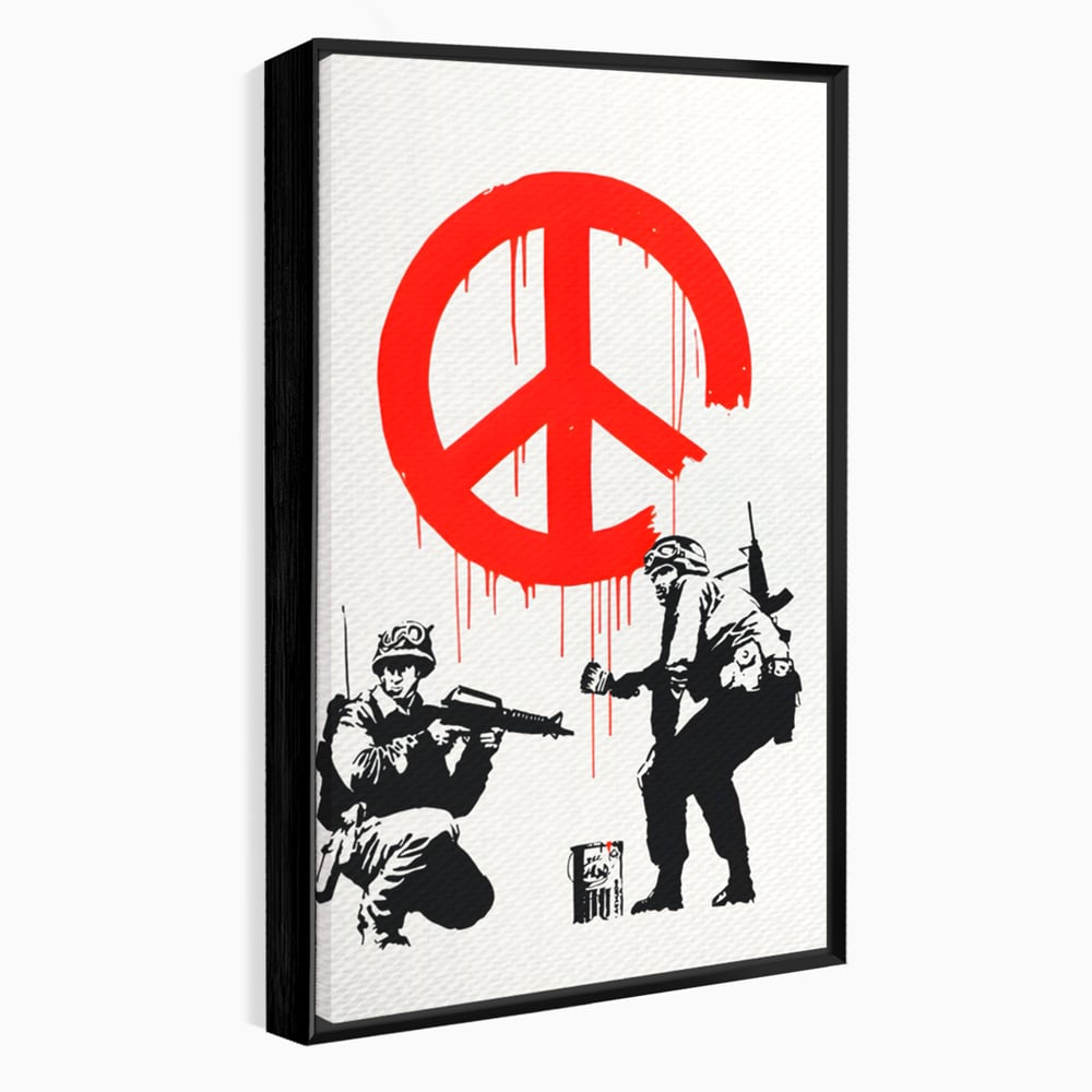 Tablou canvas cu ilustratie graffiti cu soldati si semnul pacii, in rama de aluminiu negru